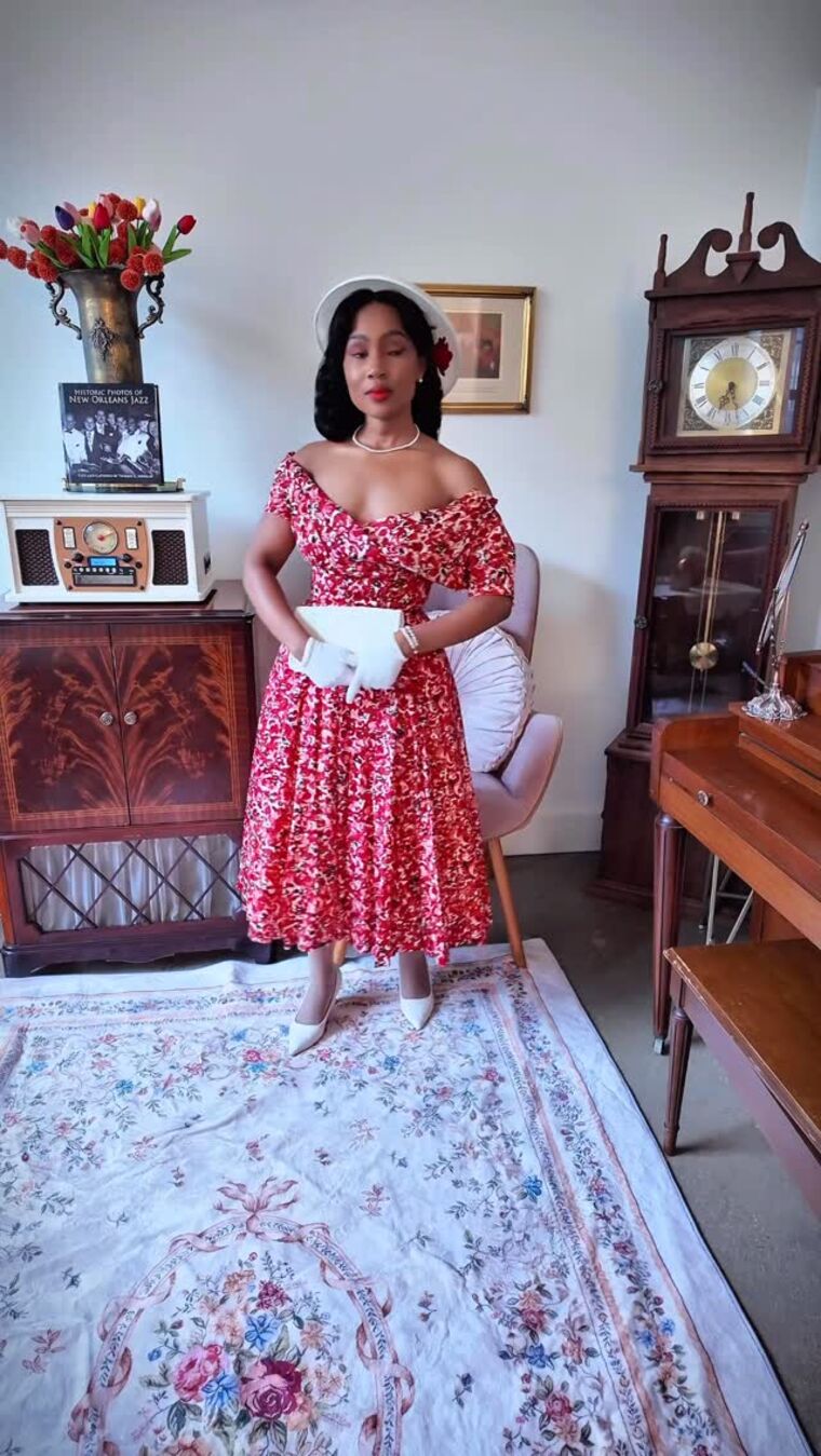 Red floral off-shoulder dress