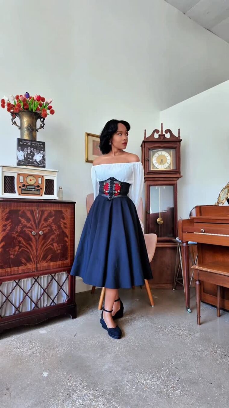 Navy off-shoulder full skirt